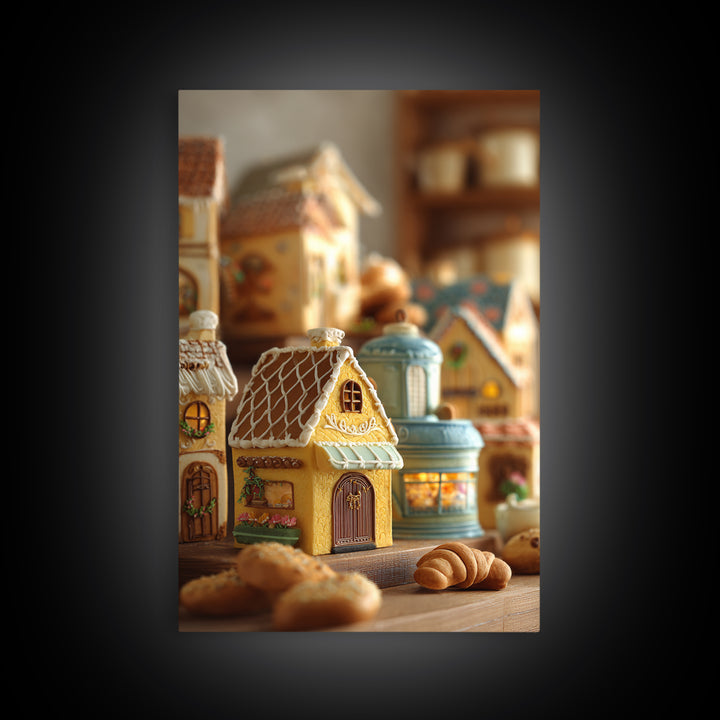 Gingerbread Houses in Charming Folk Art Style Framed Canvas Print, Bakery Art, Watercolor Art, Bakery Decor, Patisserie, BAK-2x3-94