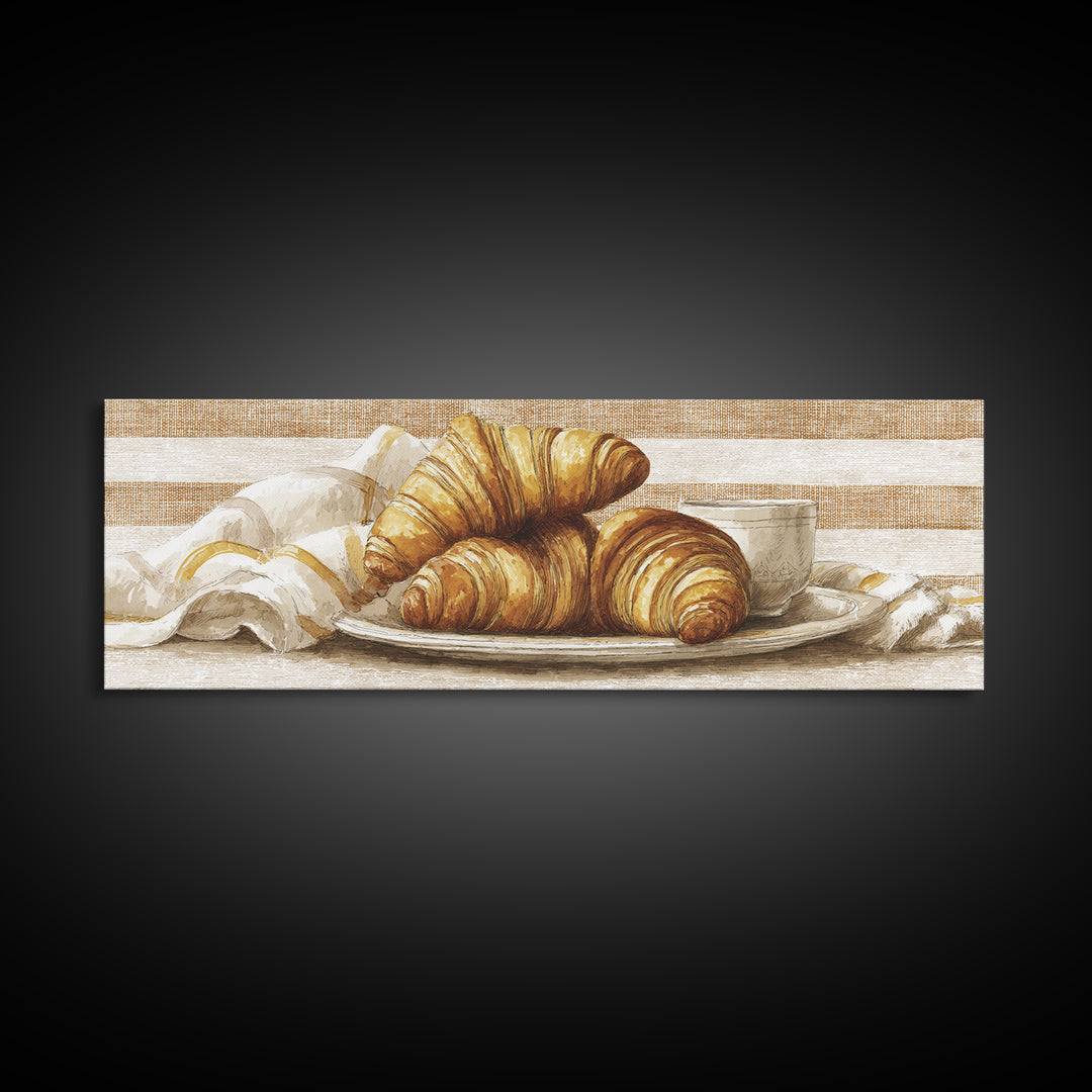 Buttery Croissants Stacked on Striped Linen Framed Canvas Print, Bakery Art, Dining Room Art, Bakery Decor, Abstract Art, BAK-3x1-17