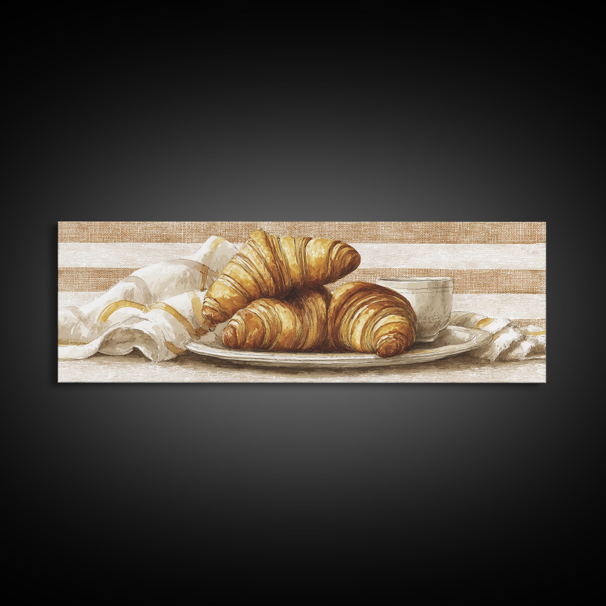 Buttery Croissants Stacked on Striped Linen Framed Canvas Print, Bakery Art, Dining Room Art, Bakery Decor, Abstract Art, BAK-3x1-17