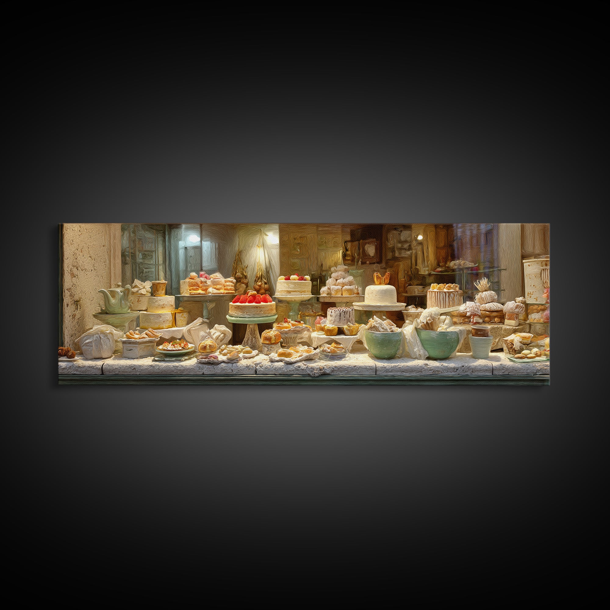 French Patisserie Window Display of Pastel Pastries Framed Canvas Print, Bakery Art, Watercolor Art, Bakery Decor, Patisserie, BAK-3x1-18