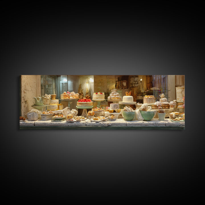 French Patisserie Window Display of Pastel Pastries Framed Canvas Print, Bakery Art, Watercolor Art, Bakery Decor, Patisserie, BAK-3x1-18