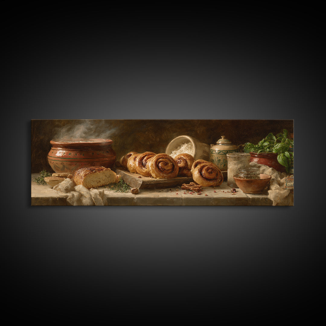 Cinnamon Rolls in a Warm Country Kitchen Framed Canvas Print, Bakery Art, Textured Painting, Bakery Decor, Fine Art, Patisserie, BAK-3x1-27