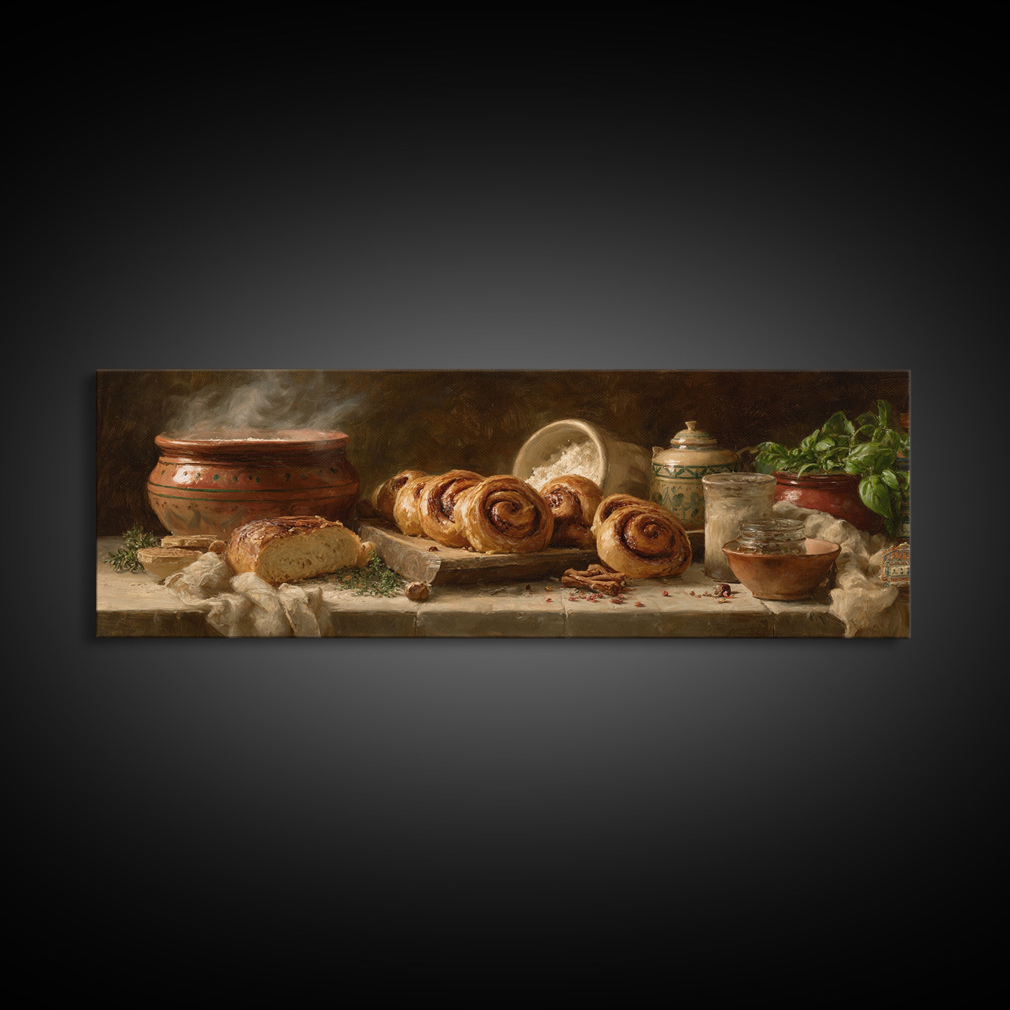 Cinnamon Rolls in a Warm Country Kitchen Framed Canvas Print, Bakery Art, Textured Painting, Bakery Decor, Fine Art, Patisserie, BAK-3x1-27