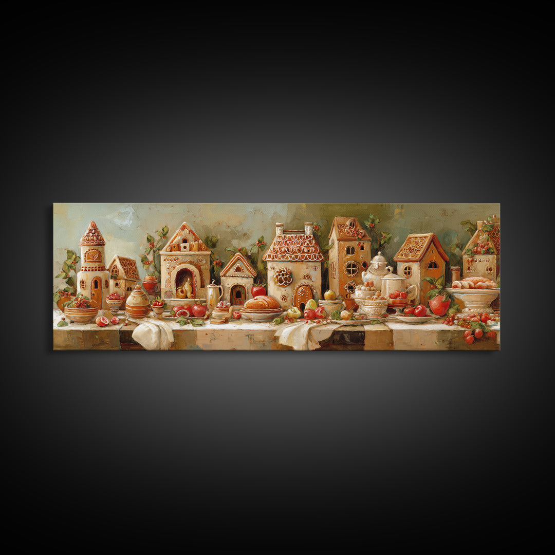 Gingerbread Houses in Charming Folk Art Style Canvas Print, Bakery Art, Printable Wall Art, Bakery Decor, Fine Art, Patisserie, BAK-3x1-30
