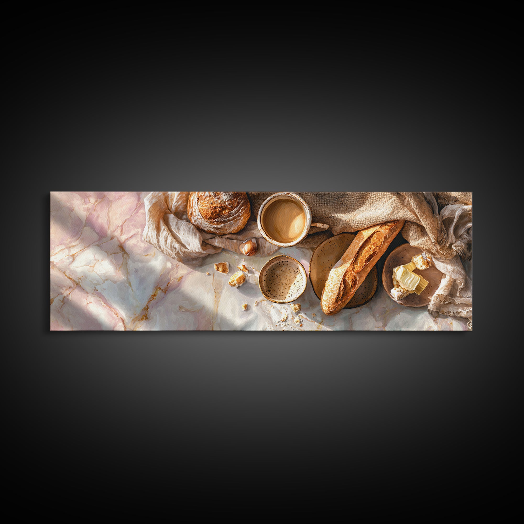 Baguette and Butter Still Life on Marble Canvas Print, Bakery Art, Textured Painting, Bakery Decor, Fine Art, Patisserie, BAK-3x1-48