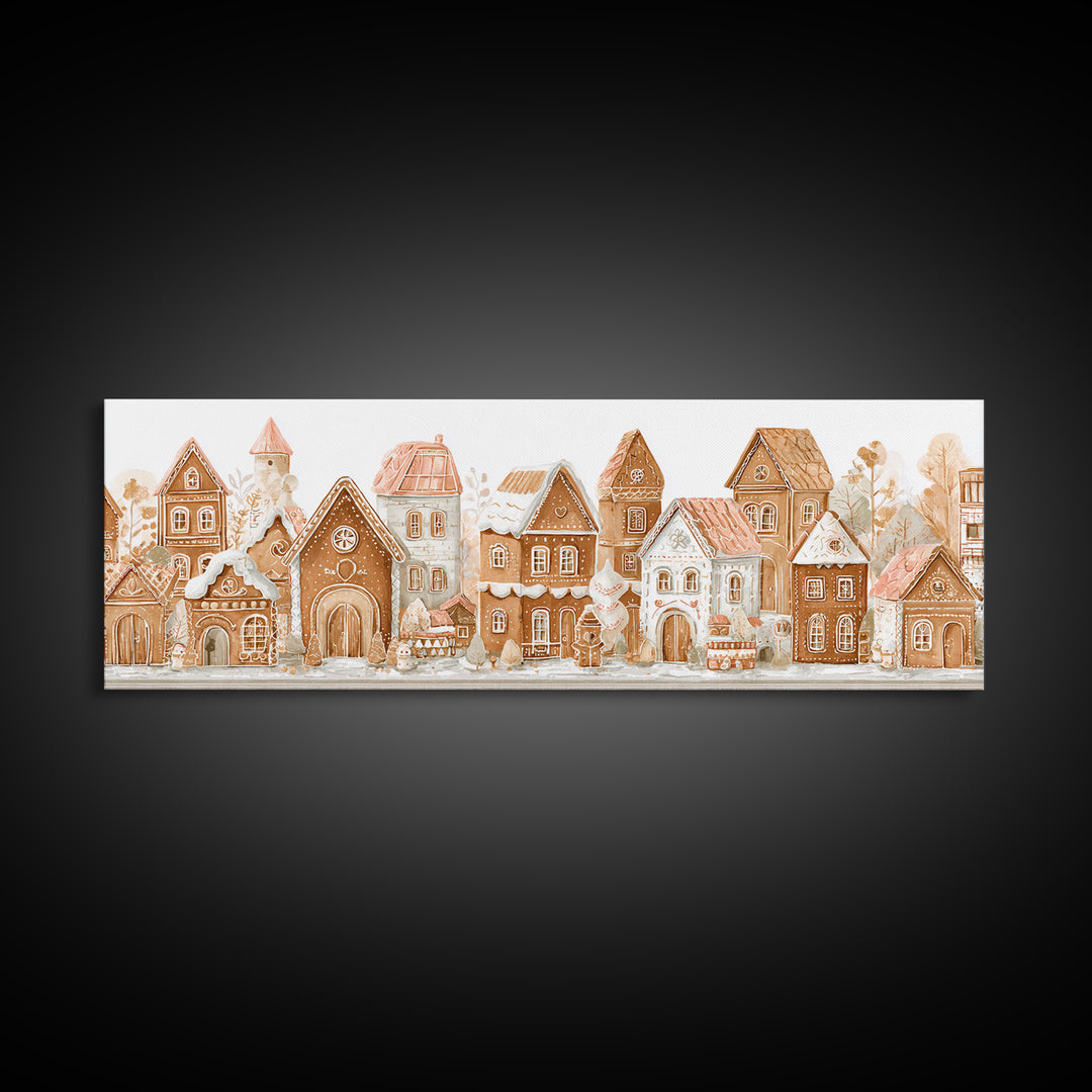 Gingerbread Houses in Charming Folk Art Style Canvas Print, Bakery Art, Kids Art, Bakery Decor, Fine Art, Patisserie, BAK-3x1-54