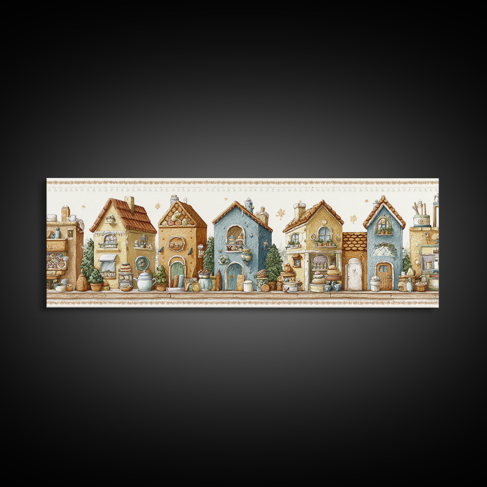 Gingerbread Houses in Charming Folk Art Style Canvas Print, Bakery Art, Whimsical Wall Art, Bakery Decor, Fine Art, Patisserie, BAK-3x1-6