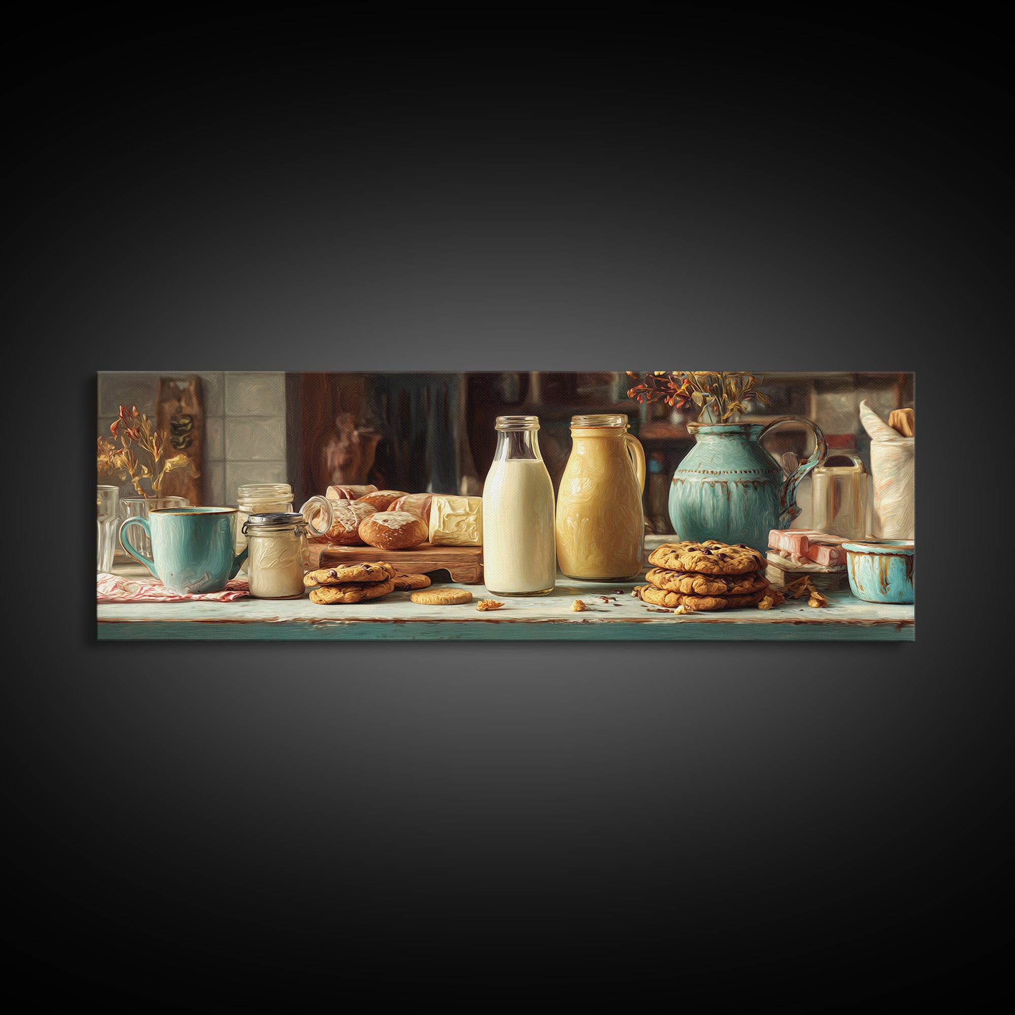 Milk Bottle and Cookies Nostalgic Still Life Canvas Print, Bakery Art, Boho Decor, Bakery Decor, Oil Painting, Patisserie, BAK-3x1-62