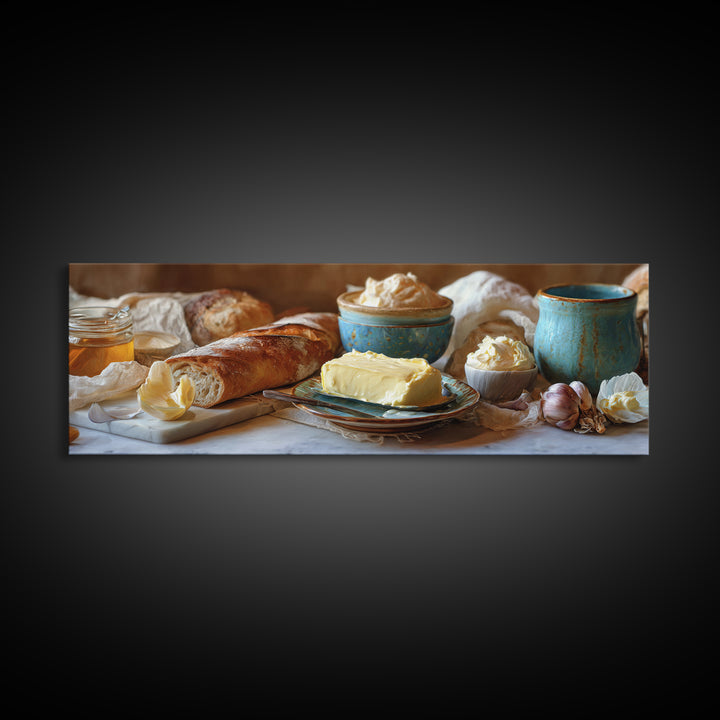 Baguette and Butter Still Life on Marble Framed Canvas Print, Bakery Art, Wall Decor, Bakery Decor, Fine Art, Patisserie, BAK-3x1-72