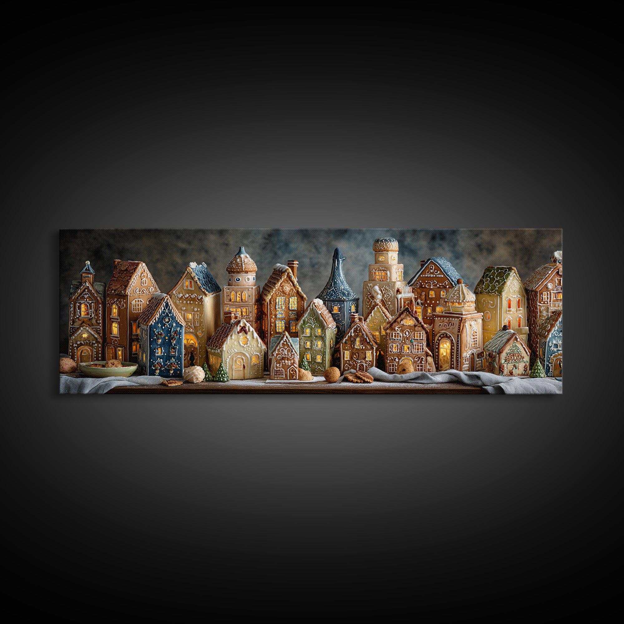 Gingerbread Houses in Charming Folk Art Style Canvas Print, Bakery Art, Digital Print, Bakery Decor, Fine Art, Patisserie, BAK-3x1-78