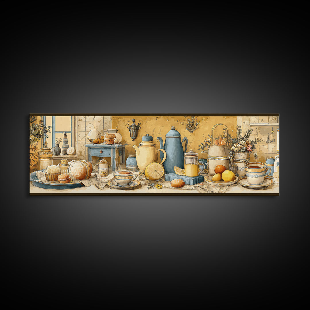 Tea and Scone Arrangement Framed Canvas Print, Bakery Art, Printable Wall Art, Bakery Decor, Patisserie, Coffee Wall Art, BAK-3x1-84