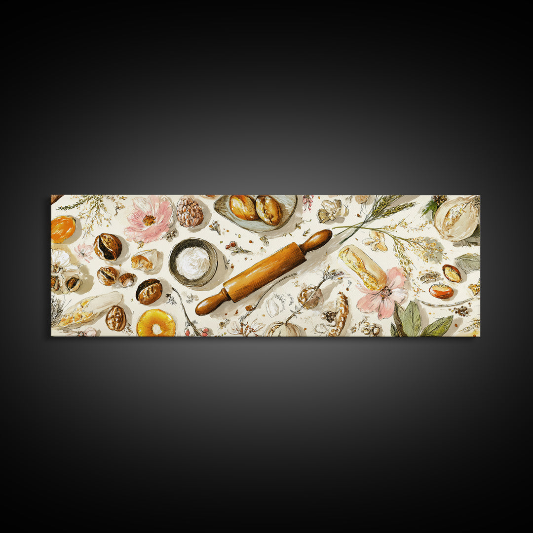 Patisserie Pattern of Rolling Pins and Pastries Canvas Print, Bakery Art, Bakery, Bakery Decor, Oil Painting, Patisserie, BAK-3x1-85