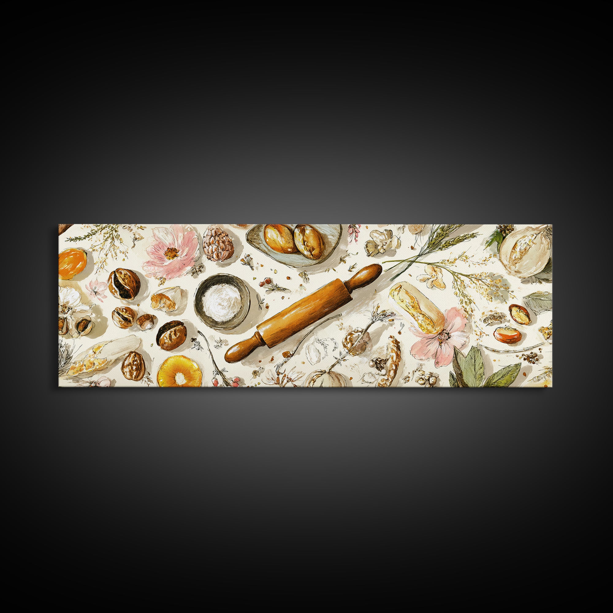 Patisserie Pattern of Rolling Pins and Pastries Canvas Print, Bakery Art, Bakery, Bakery Decor, Oil Painting, Patisserie, BAK-3x1-85