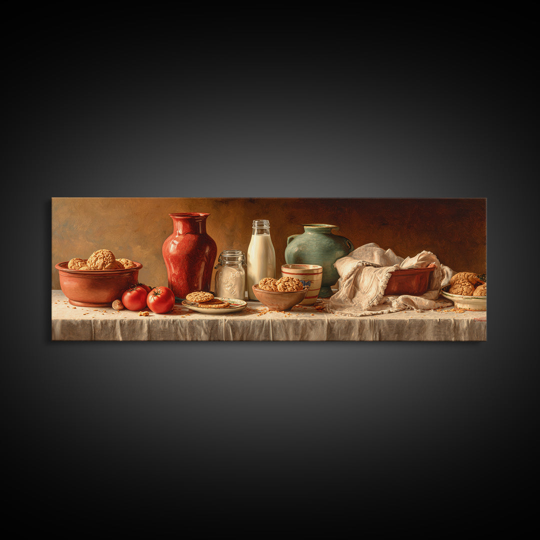 Milk Bottle and Cookies Nostalgic Still Life Canvas Print, Bakery Art, Food Art, Bakery Decor, Watercolor Art, Patisserie, BAK-3x1-86