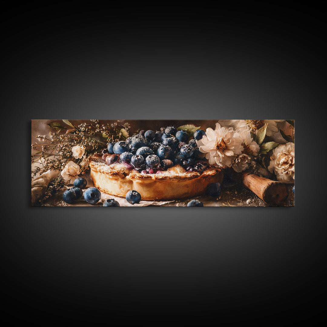 Blueberry Galette with Rustic Farmhouse Texture Framed Canvas Print, Bakery Art, Watercolor Painting, Bakery Decor, Patisserie, BAK-3x1-87