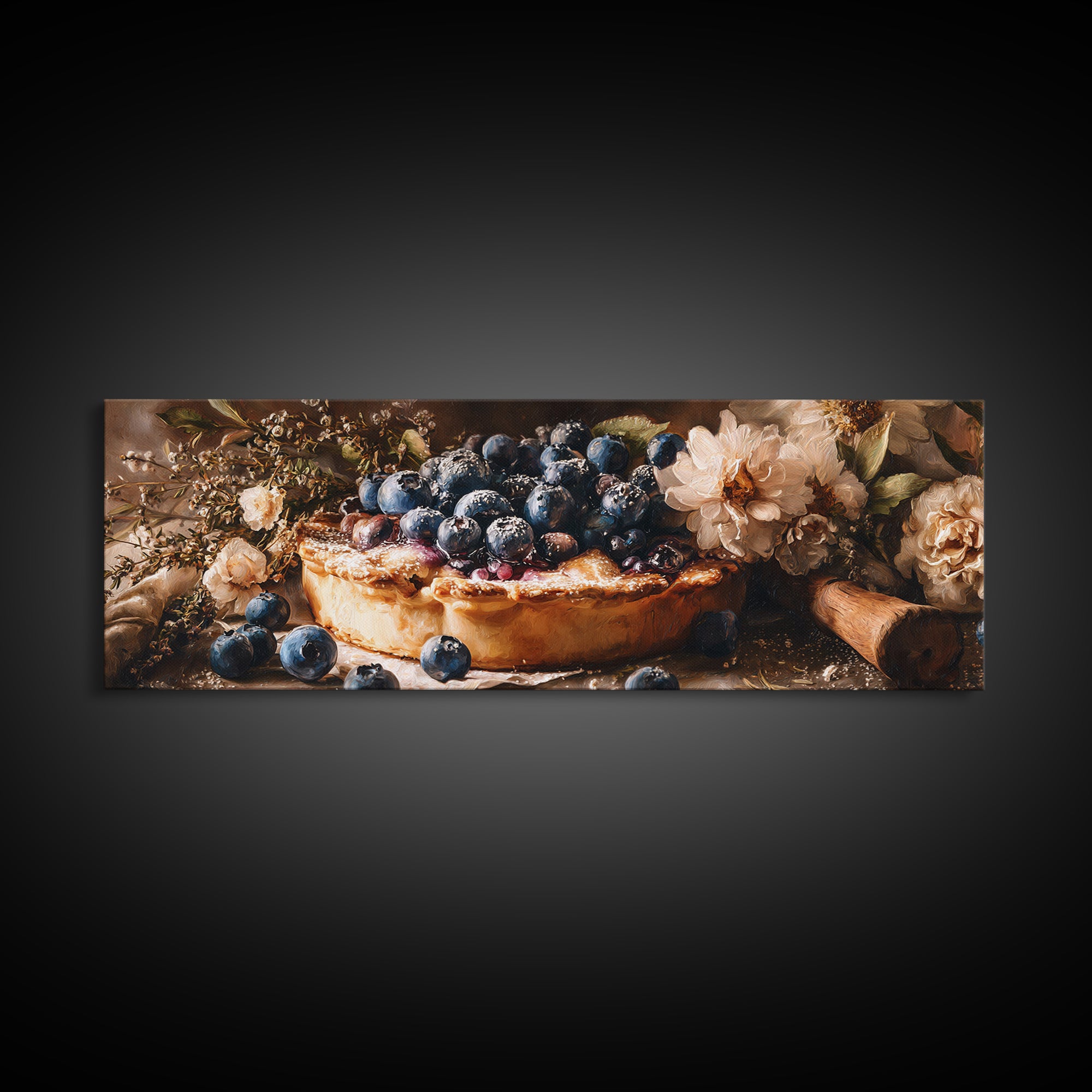Blueberry Galette with Rustic Farmhouse Texture Framed Canvas Print, Bakery Art, Watercolor Painting, Bakery Decor, Patisserie, BAK-3x1-87