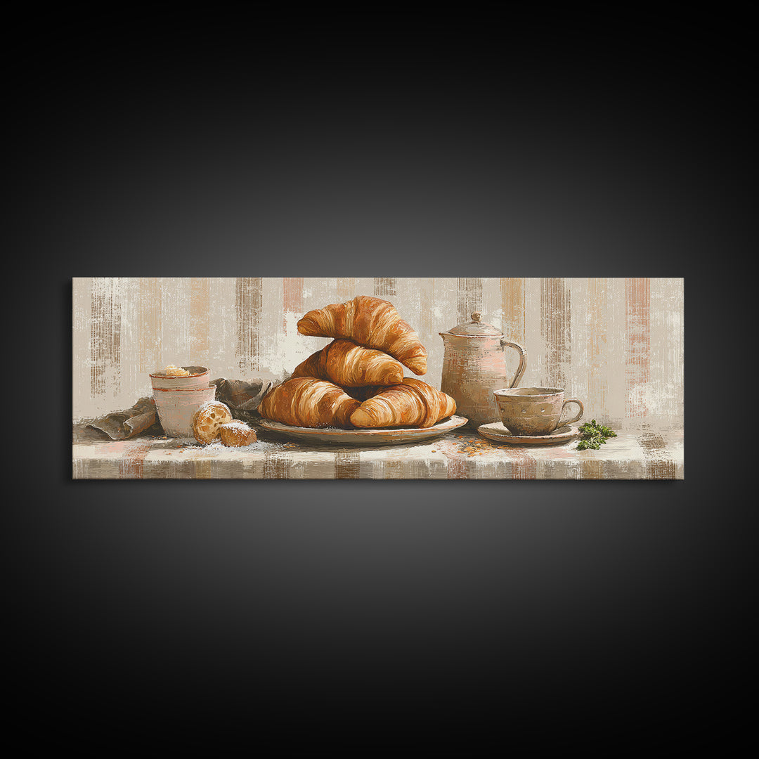 Buttery Croissants Stacked on Striped Linen Framed Canvas Print, Bakery Art, Boho Decor, Bakery Decor, Fine Art, Patisserie, BAK-3x1-89