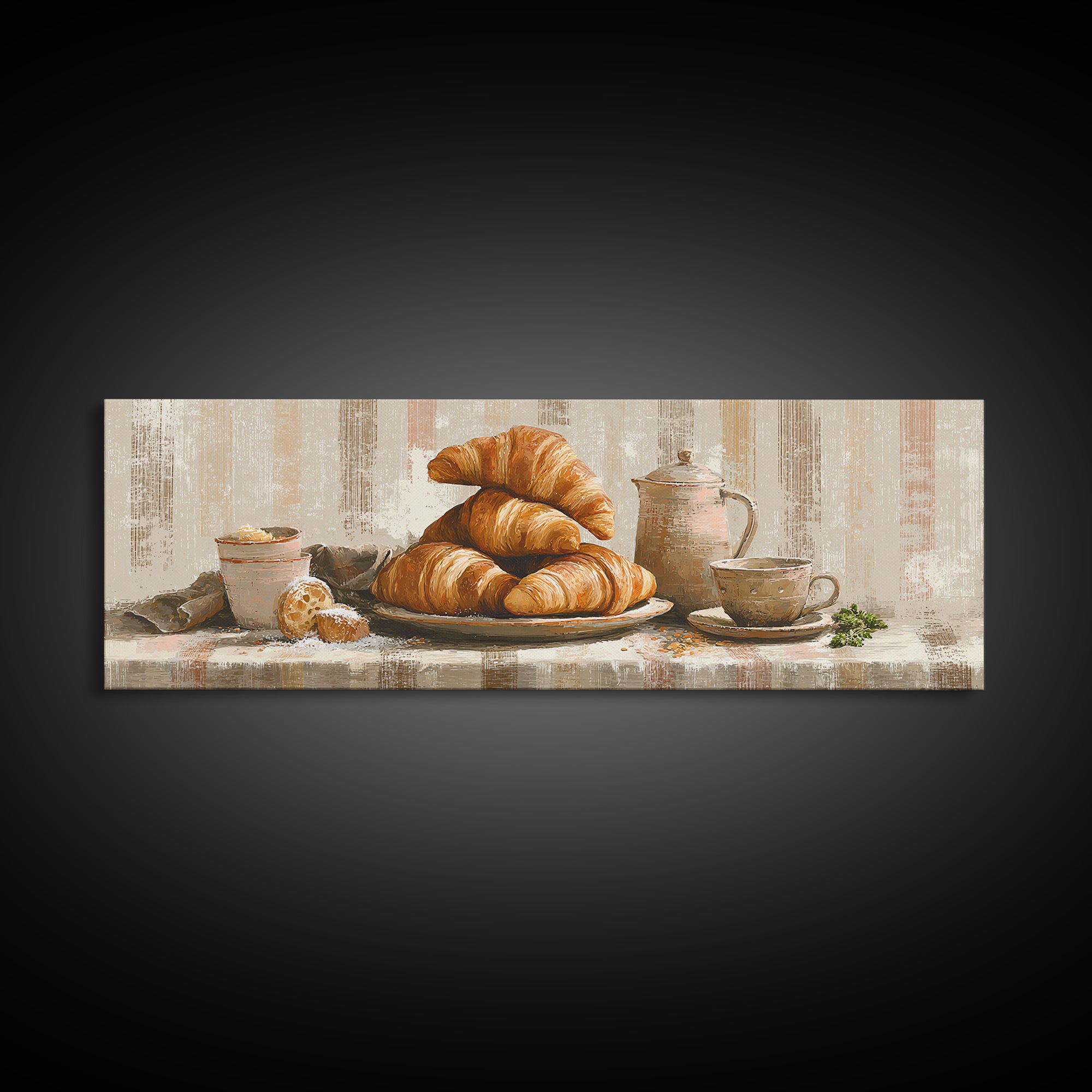Buttery Croissants Stacked on Striped Linen Framed Canvas Print, Bakery Art, Boho Decor, Bakery Decor, Fine Art, Patisserie, BAK-3x1-89