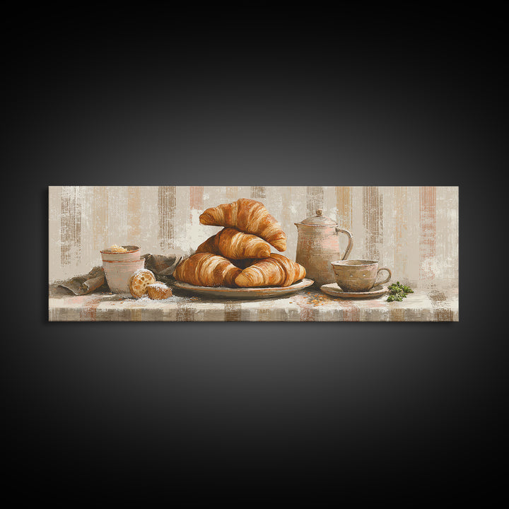 Buttery Croissants Stacked on Striped Linen Framed Canvas Print, Bakery Art, Boho Decor, Bakery Decor, Fine Art, Patisserie, BAK-3x1-89