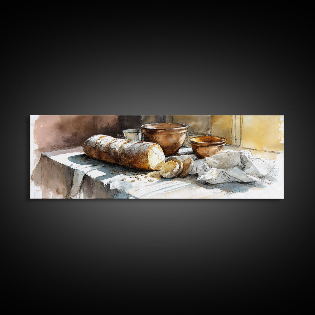 Rustic Loaf of Bread Canvas Print, Bakery Art, Kitchen Wall Art, Bakery Decor, Oil Painting, Patisserie, Digital Download Art, BAK-3x1-92
