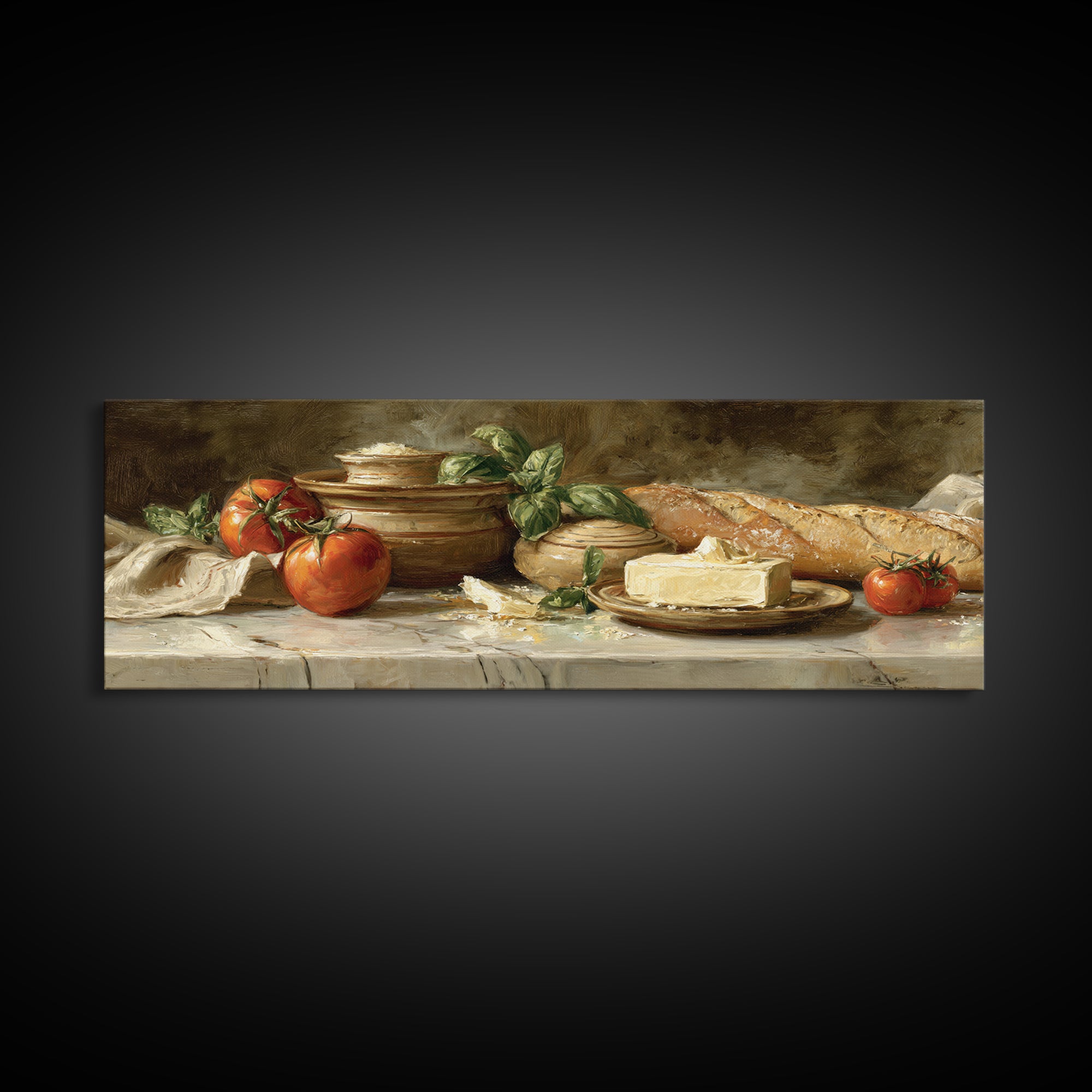 Baguette and Butter Still Life on Marble Canvas Print, Bakery Art, Textured Painting, Bakery Decor, Fine Art, Patisserie, BAK-3x1-96