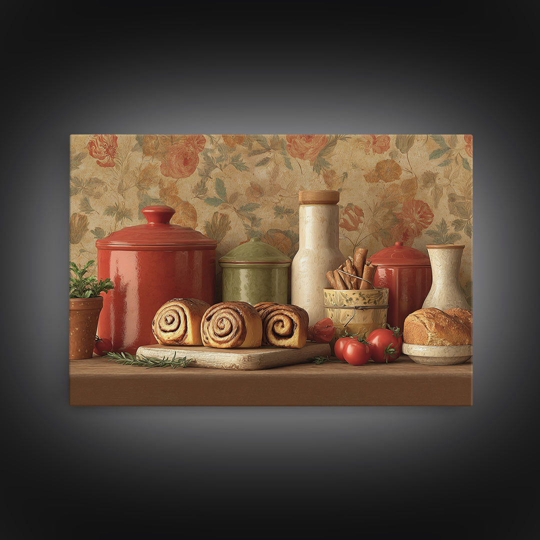 Cinnamon Rolls in a Warm Country Kitchen Framed Canvas Print, Bakery Art, Digital Download Art, Bakery Decor, Patisserie, BAK-3x2-15