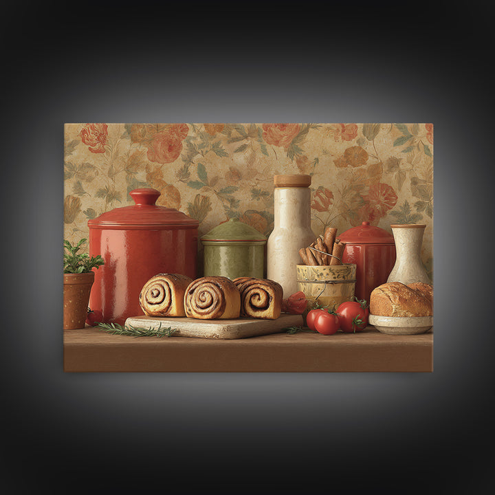 Cinnamon Rolls in a Warm Country Kitchen Framed Canvas Print, Bakery Art, Digital Download Art, Bakery Decor, Patisserie, BAK-3x2-15