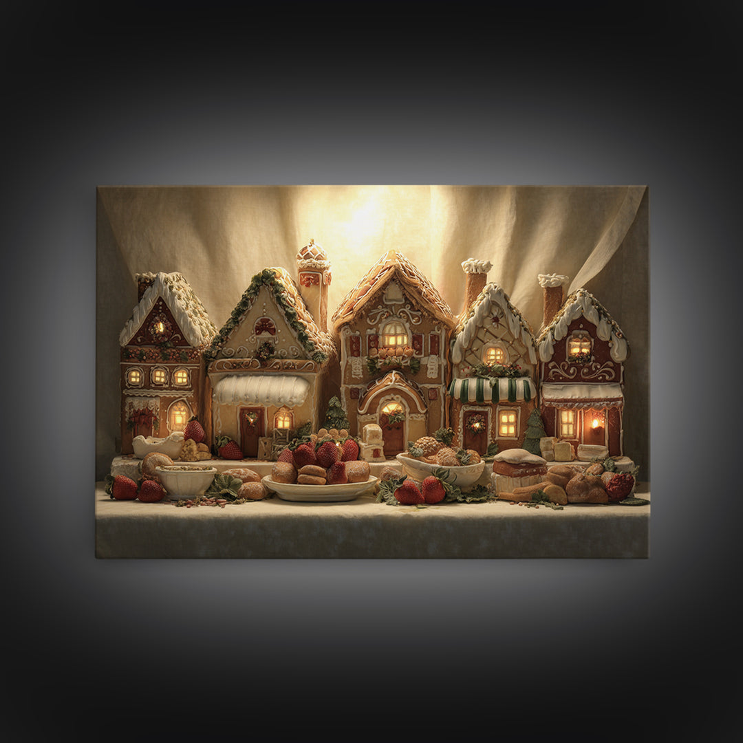Gingerbread Houses in Charming Folk Art Style Framed Canvas Print, Bakery Art, Watercolor Art, Bakery Decor, Patisserie, BAK-3x2-18