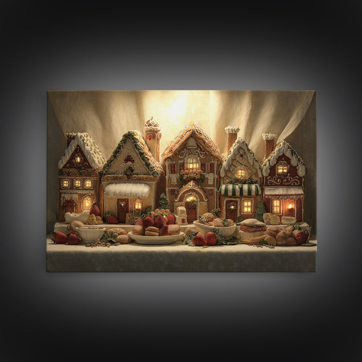Gingerbread Houses in Charming Folk Art Style Framed Canvas Print, Bakery Art, Watercolor Art, Bakery Decor, Patisserie, BAK-3x2-18