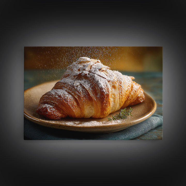 Almond Croissant Closeup Framed Canvas Print, Bakery Art, Statement Artwork, Bakery Decor, Fine Art, Patisserie, Art Print, BAK-3x2-19