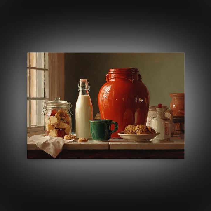 Milk Bottle and Cookies Nostalgic Still Life Framed Canvas Print, Bakery Art, Kitchen Art, Bakery Decor, Fine Art, Patisserie, BAK-3x2-2