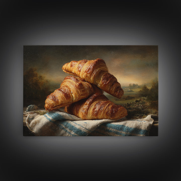 Buttery Croissants Stacked on Striped Linen Canvas Print, Bakery Art, Modern Decor, Bakery Decor, Abstract Art, Patisserie, BAK-3x2-29