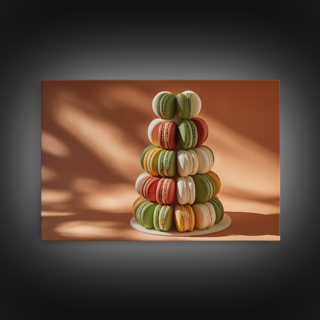 Single Perfect Macaron Tower Framed Canvas Print, Bakery Art, Statement Artwork, Bakery Decor, Fine Art, Patisserie, Art Print, BAK-3x2-31