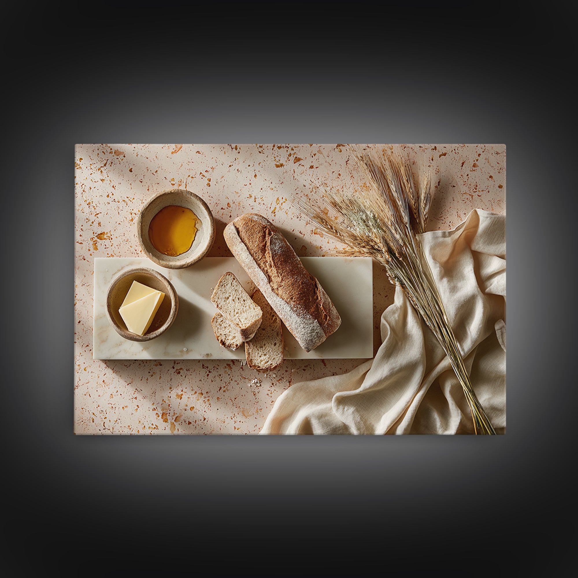 Baguette and Butter Still Life on Marble Framed Canvas Print, Bakery Art, Kids Art, Bakery Decor, Fine Art, Patisserie, BAK-3x2-36