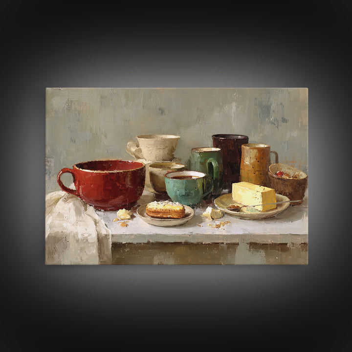 Painterly Eclair and Coffee Still Life Framed Canvas Print, Bakery Art, Bakery, Bakery Decor, Oil Painting, Patisserie, BAK-3x2-40