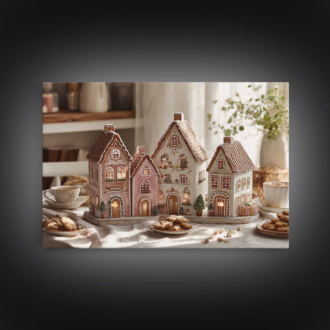 Gingerbread Houses in Charming Folk Art Style Canvas Print, Bakery Art, Digital Download Art, Bakery Decor, Patisserie, BAK-3x2-42