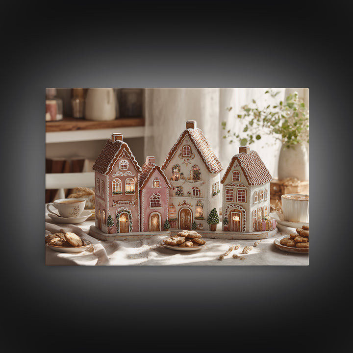 Gingerbread Houses in Charming Folk Art Style Canvas Print, Bakery Art, Digital Download Art, Bakery Decor, Patisserie, BAK-3x2-42