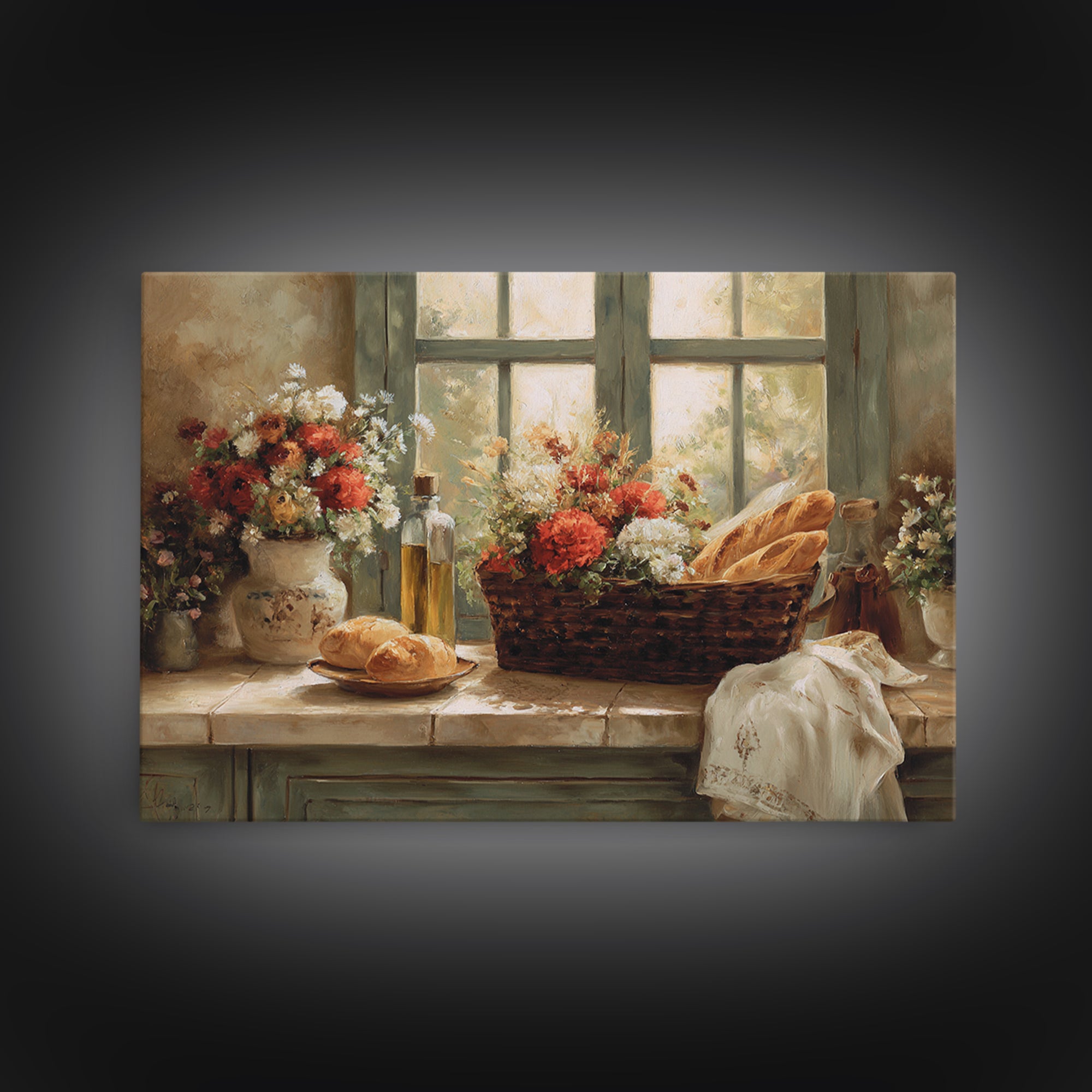 French Market Basket Filled Framed Canvas Print, Bakery Art, Kitchen Art Print, Bakery Decor, Patisserie, Modern Decor, BAK-3x2-46