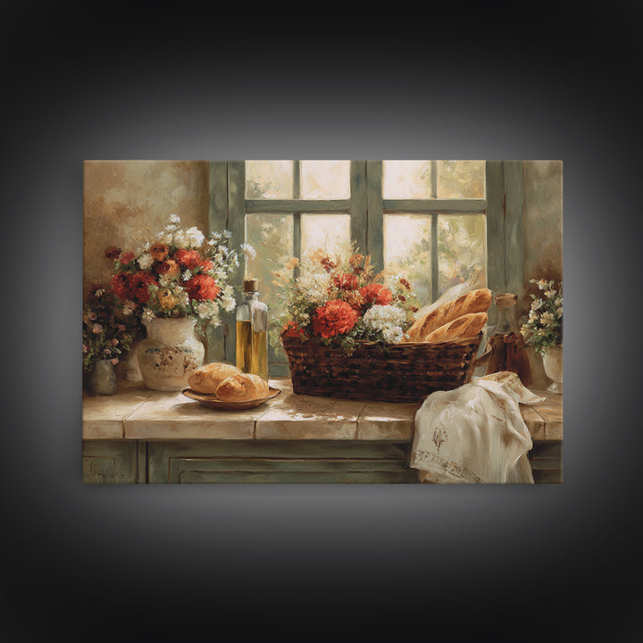French Market Basket Filled Framed Canvas Print, Bakery Art, Kitchen Art Print, Bakery Decor, Patisserie, Modern Decor, BAK-3x2-46