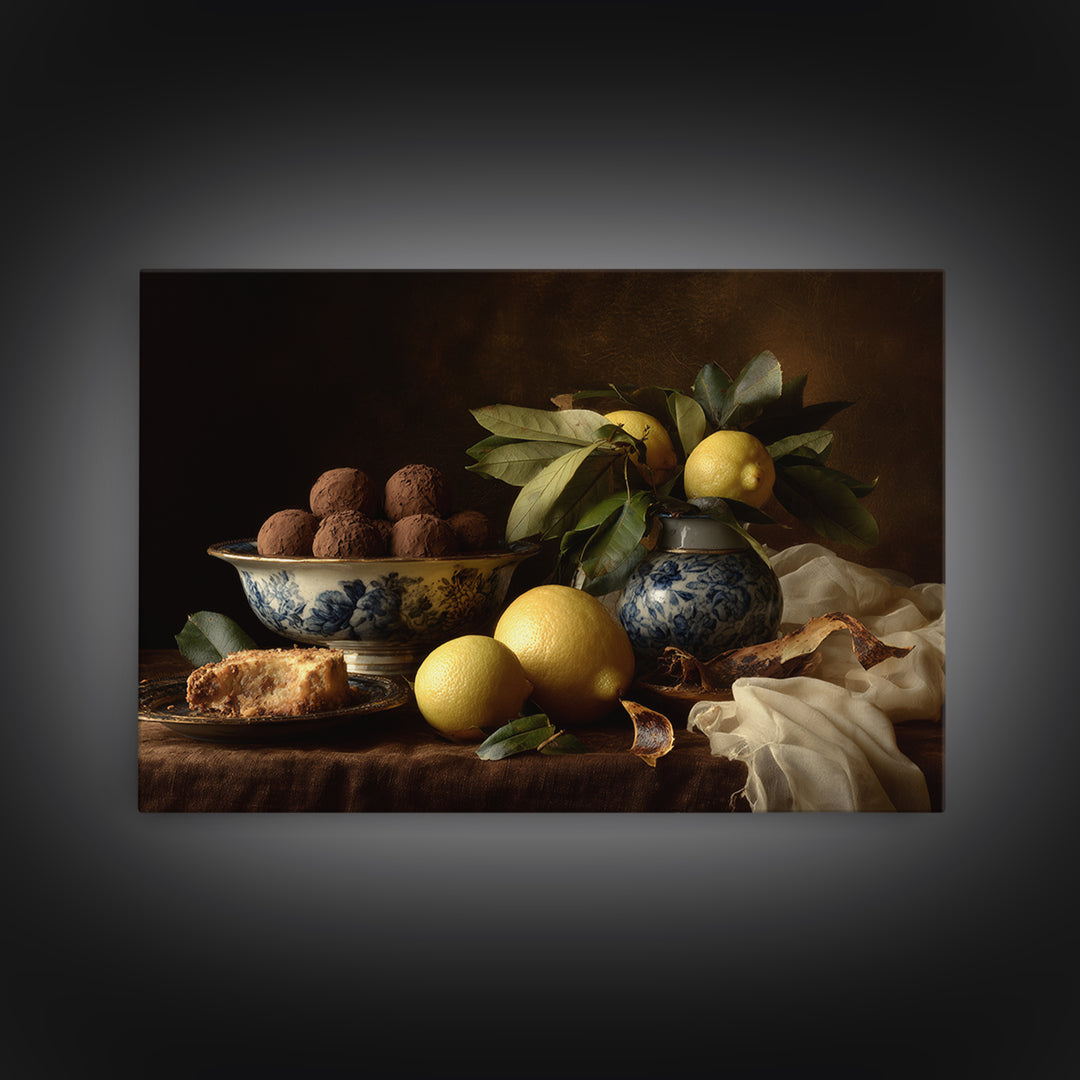Chocolate Truffle Still Life Framed Canvas Print, Bakery Art, Kitchen Wall Art, Bakery Decor, Oil Painting, Patisserie, BAK-3x2-47