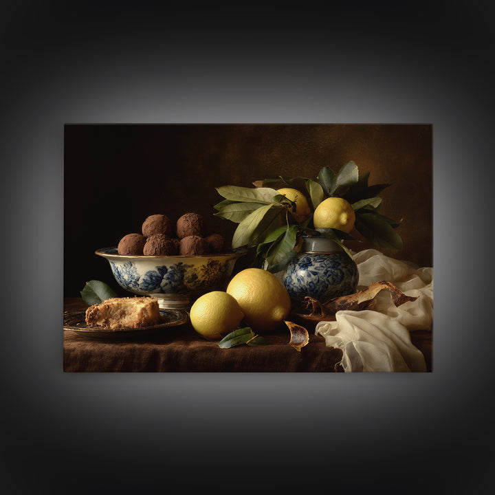 Chocolate Truffle Still Life Framed Canvas Print, Bakery Art, Kitchen Wall Art, Bakery Decor, Oil Painting, Patisserie, BAK-3x2-47
