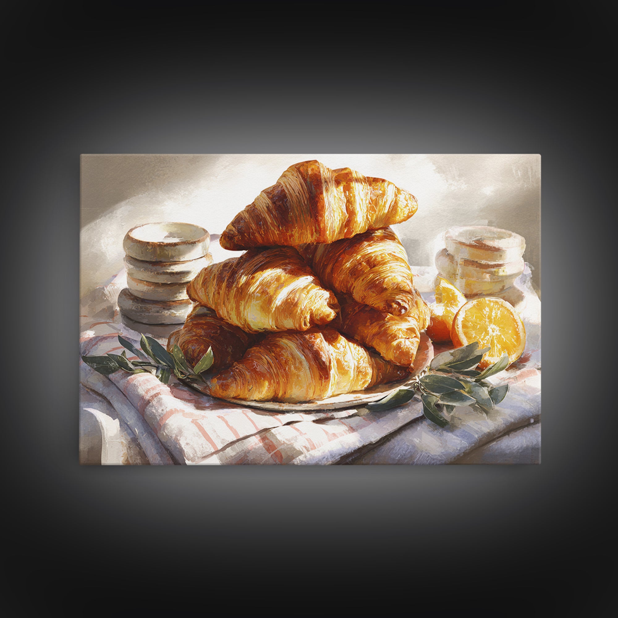 Buttery Croissants Stacked on Striped Linen Framed Canvas Print, Bakery Art, Fine Art, Bakery Decor, Patisserie, BAK-3x2-5