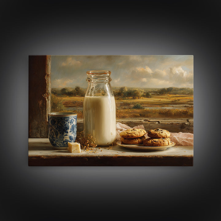Milk Bottle and Cookies Nostalgic Still Life Framed Canvas Print, Bakery Art, Watercolor Print, Bakery Decor, Oil Painting, BAK-3x2-50