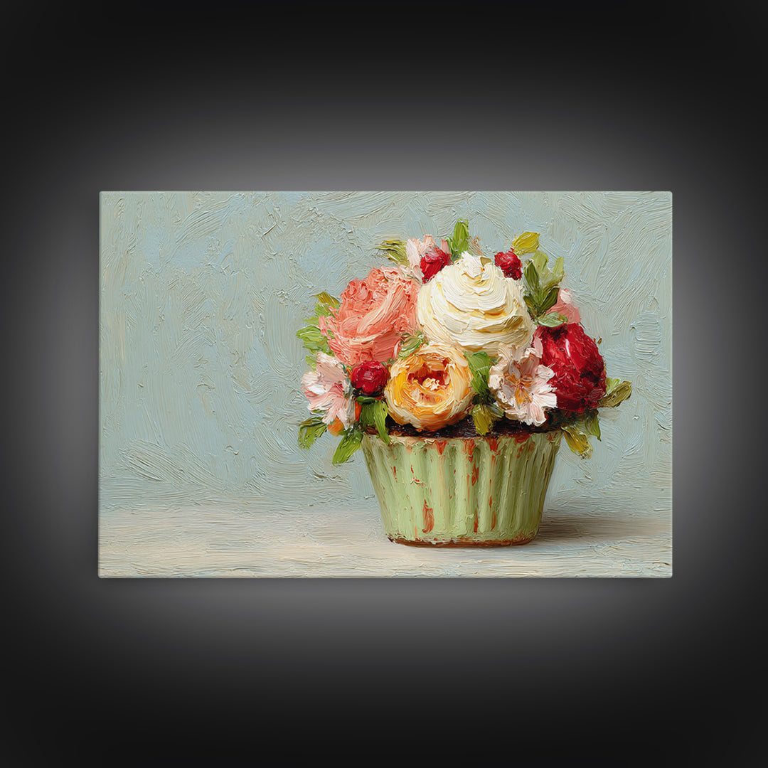 Cupcake Bouquet Painted Framed Canvas Print, Bakery Art, Kitchen Wall Art, Bakery Decor, Oil Painting, Patisserie, BAK-3x2-59