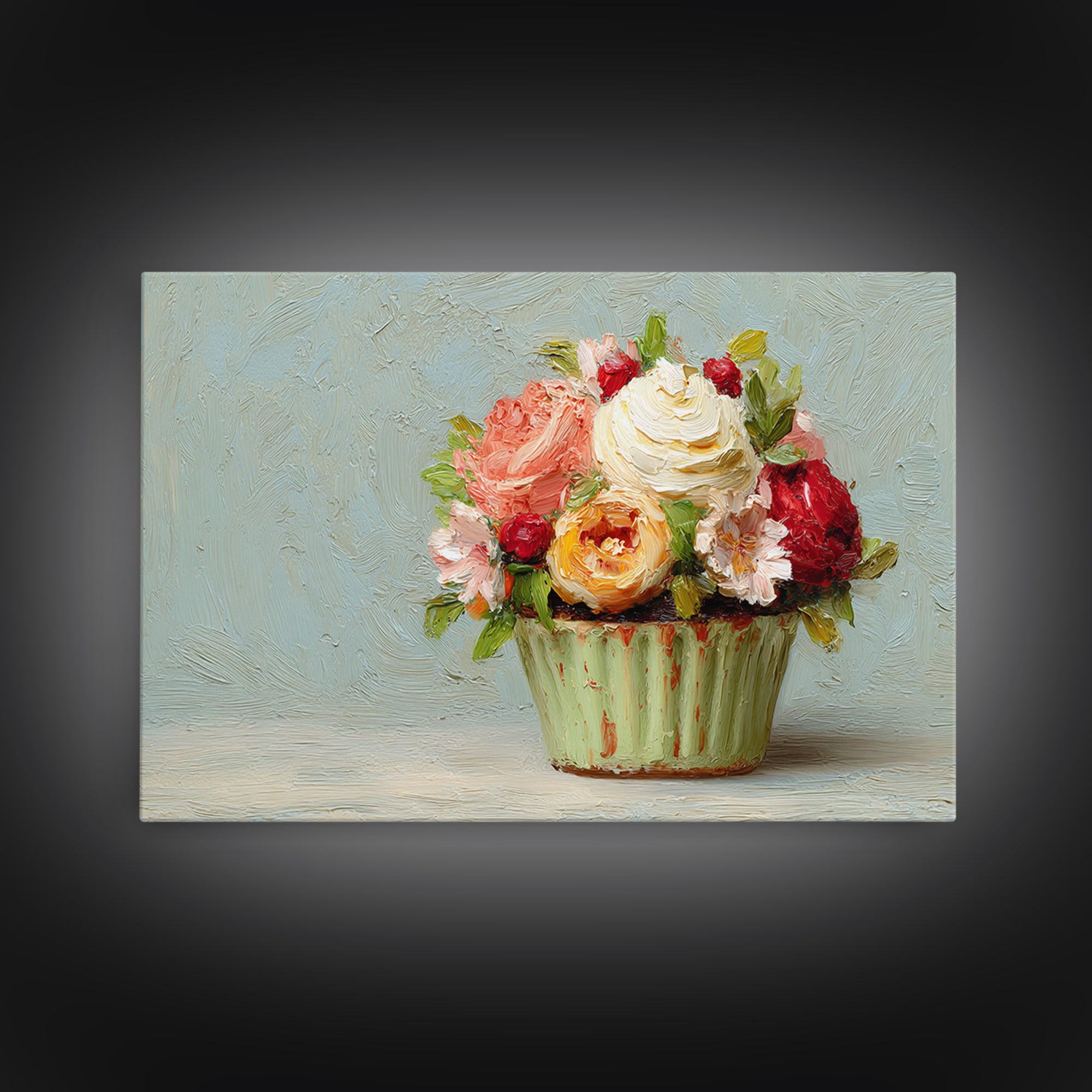Cupcake Bouquet Painted Framed Canvas Print, Bakery Art, Kitchen Wall Art, Bakery Decor, Oil Painting, Patisserie, BAK-3x2-59