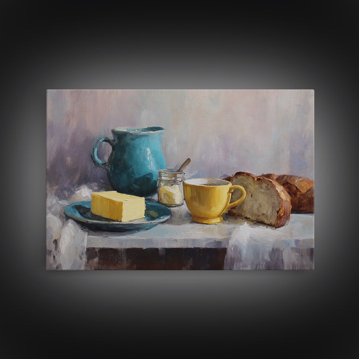 Baguette and Butter Still Life on Marble Framed Canvas Print, Bakery Art, Textured Painting, Bakery Decor, Fine Art, Patisserie, BAK-3x2-60