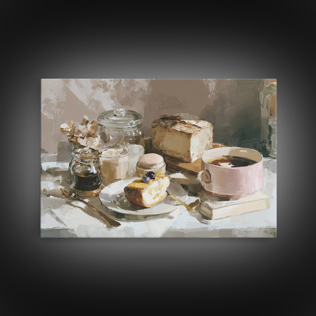 Painterly Eclair and Coffee Still Life Framed Canvas Print, Bakery Art, Bakery Decor, Abstract Art, Patisserie, BAK-3x2-64