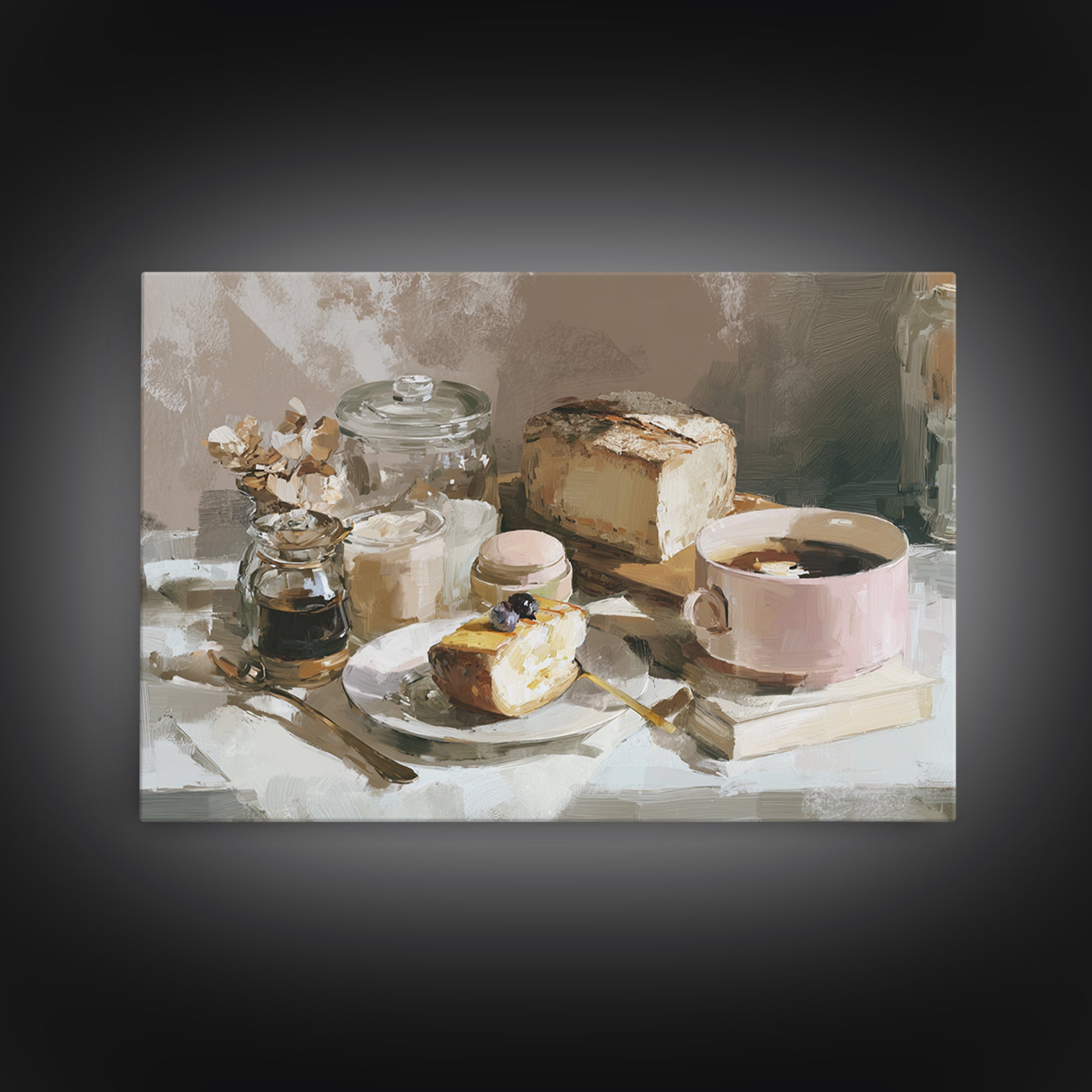 Painterly Eclair and Coffee Still Life Framed Canvas Print, Bakery Art, Bakery Decor, Abstract Art, Patisserie, BAK-3x2-64