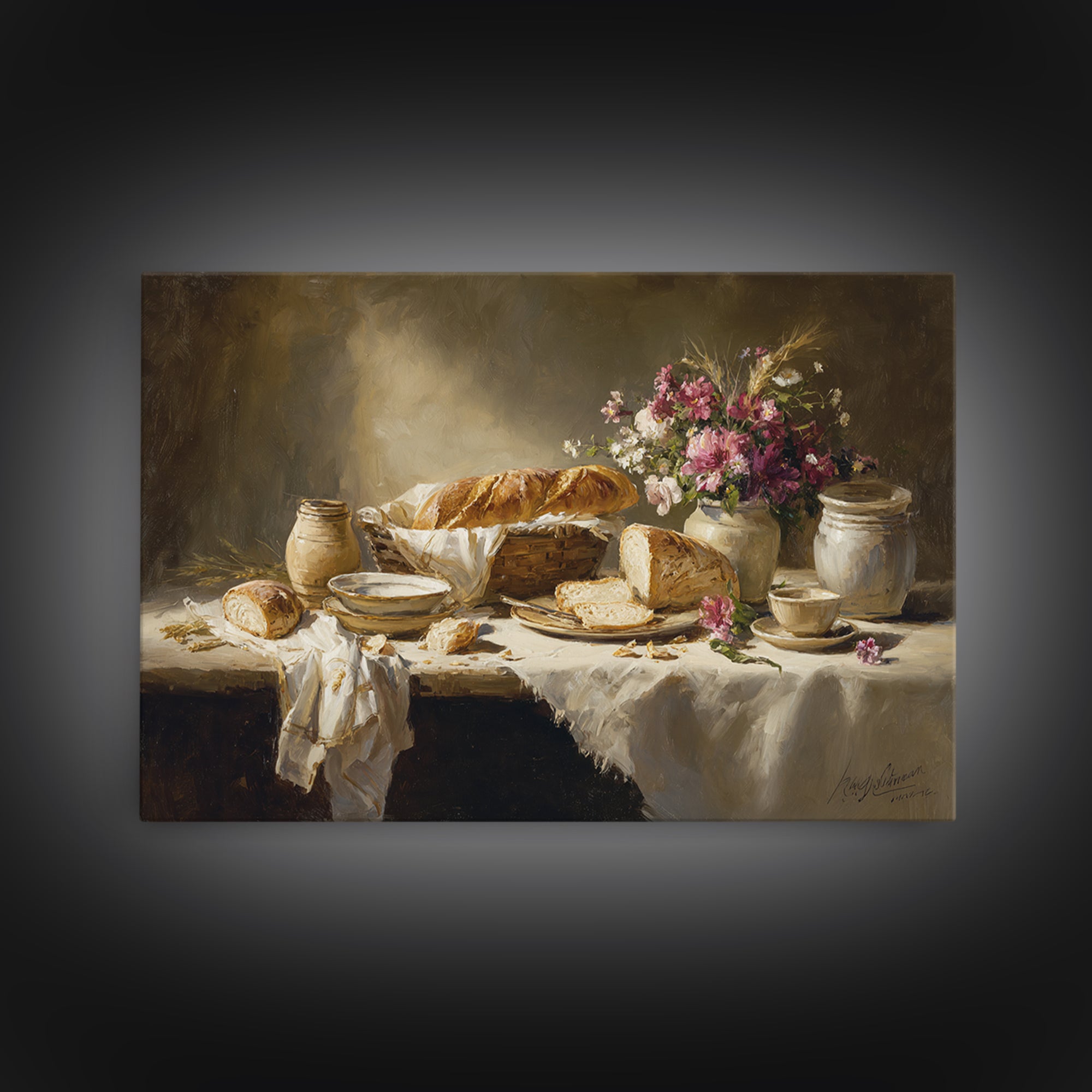 French Market Basket Filled Framed Canvas Print, Bakery Art, Kitchen Art Print, Bakery Decor, Patisserie, Modern Decor, BAK-3x2-70