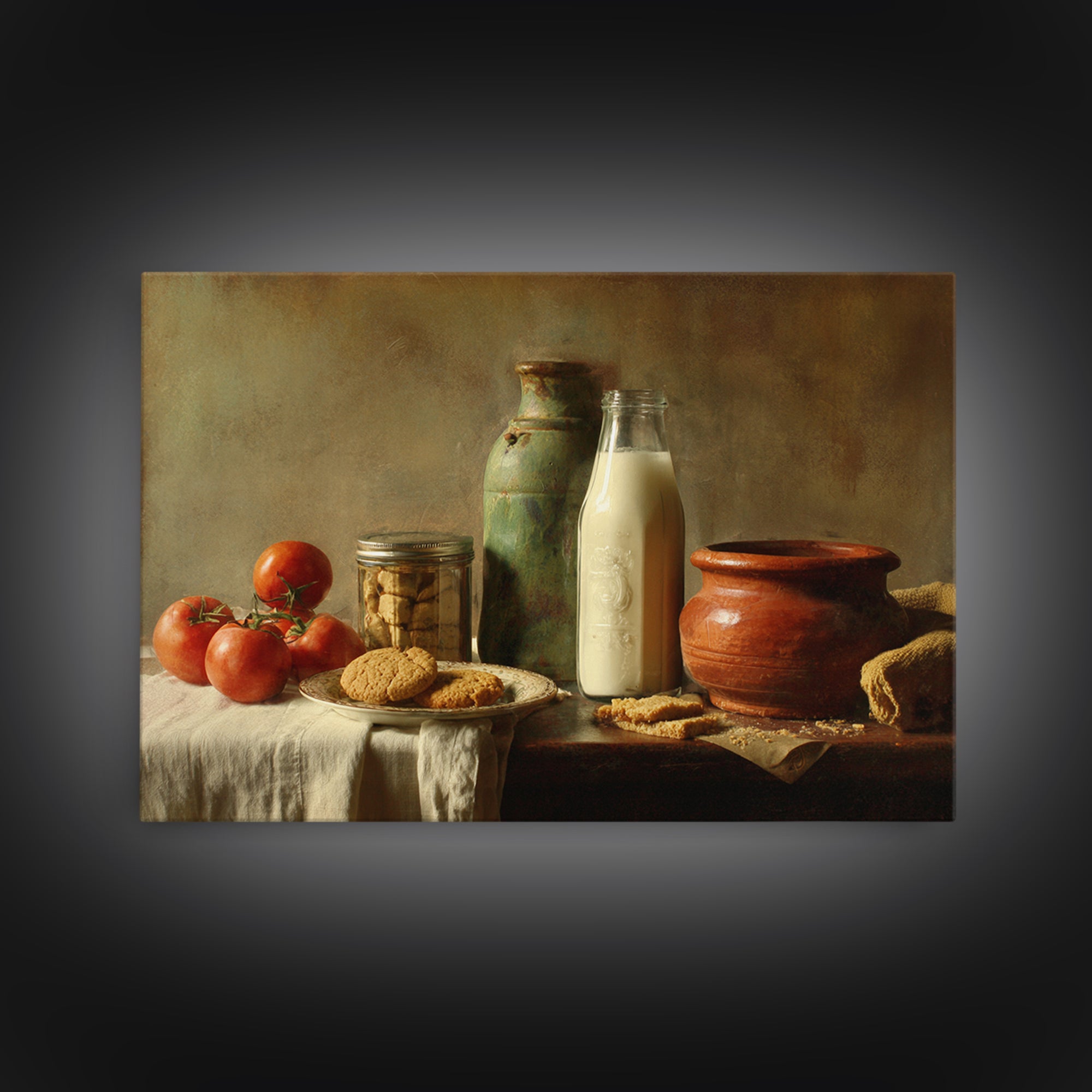 Milk Bottle and Cookies Nostalgic Still Life Framed Canvas Print, Bakery Art, Watercolor Print, Bakery Decor, Oil Painting, BAK-3x2-74